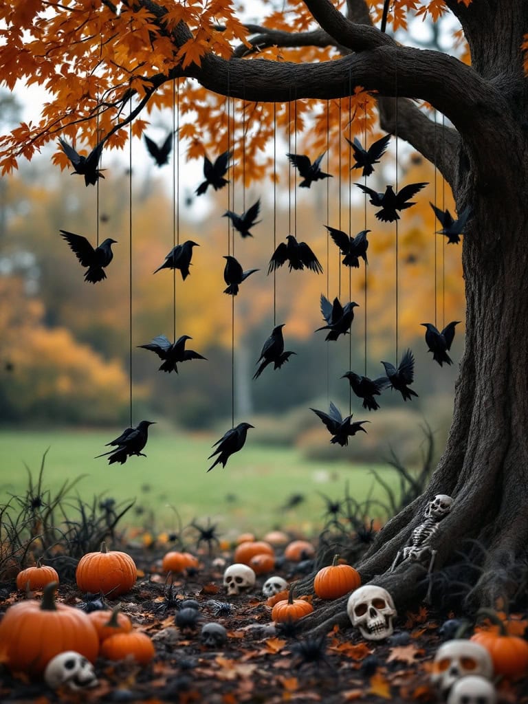 17+ Last-Minute Outdoor Halloween Decor Ideas - Spook-tacularly Simple! 21 Outdoor Halloween Decor Ideas - Let Paper Ravens Orbit a Maple