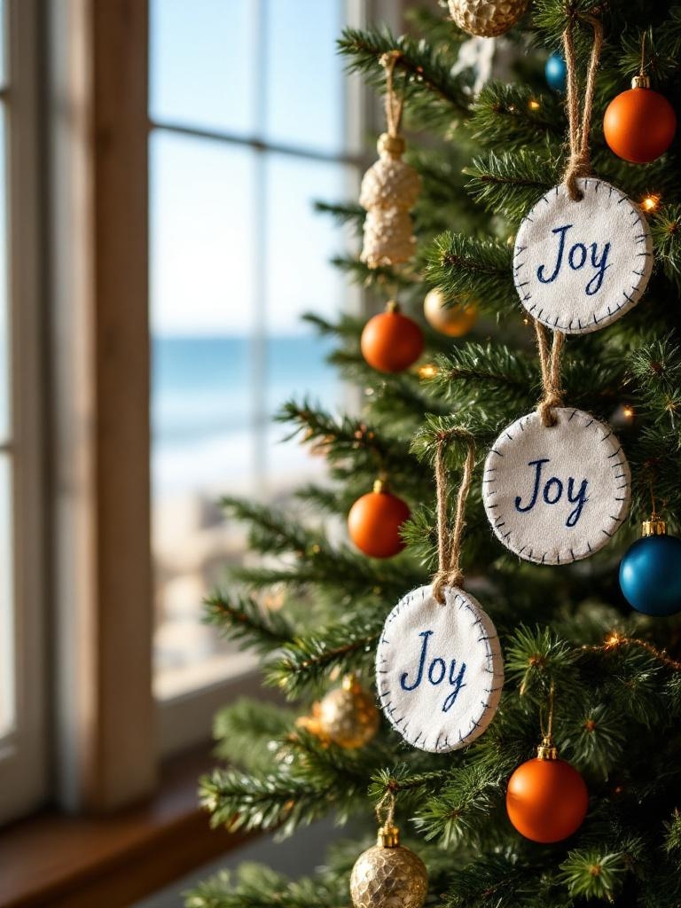 Your Beach House Christmas Tree Shouldn't Look Like a Winter Postcard (19 Real Ideas) 36 Beach House Christmas Tree Decor - Monogrammed Sailcloth Ornaments with Heart
