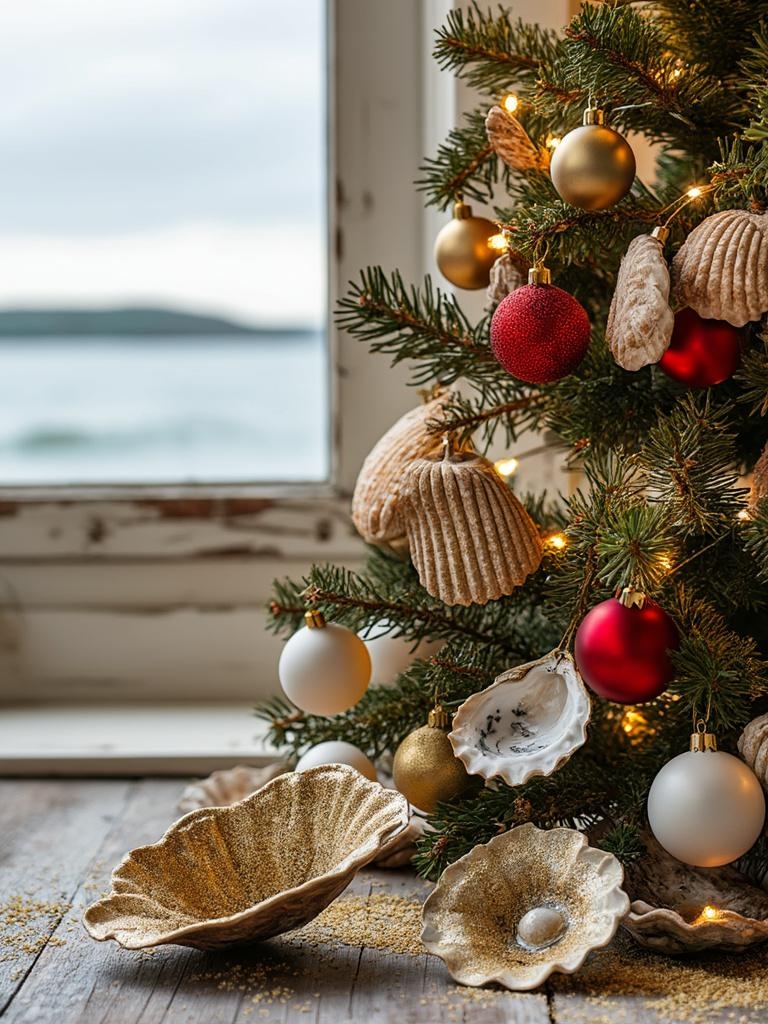 Your Beach House Christmas Tree Shouldn't Look Like a Winter Postcard (19 Real Ideas) 37 Beach House Christmas Tree Decor - Oyster Shells Dusted with Gold Treasure