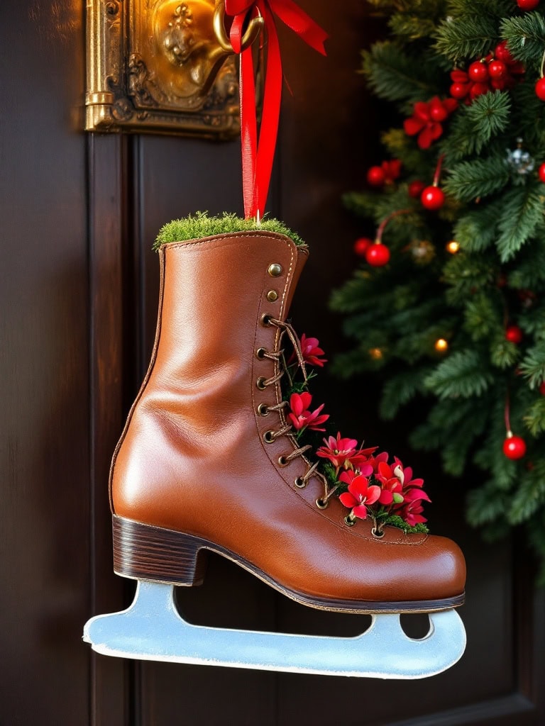Christmas Door Decoration Ideas - Single Ice Skate Planter