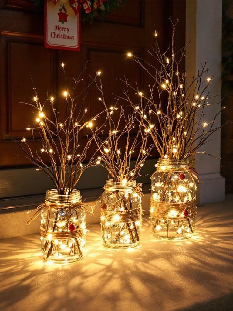 Christmas Door Decoration Ideas - Twig Trees in Jars