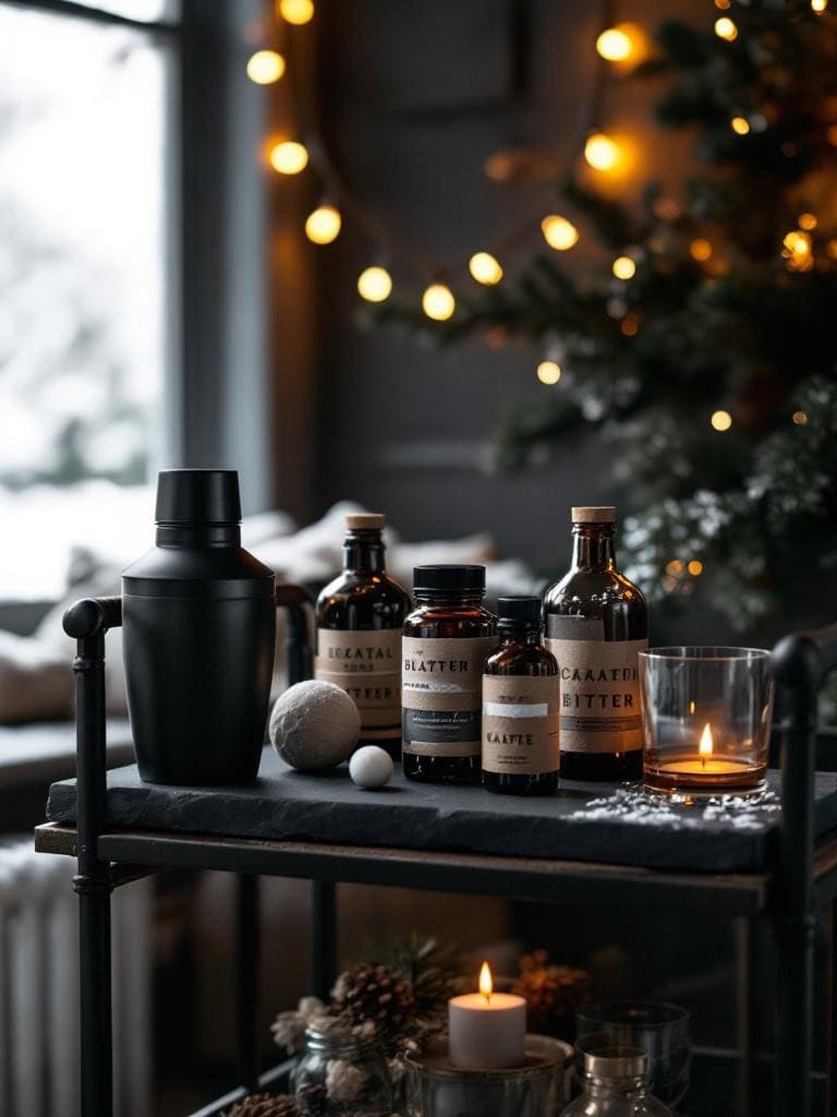 21 Effortless Moody Christmas Decor Ideas: Luxury Without the Stress 28 Moody Christmas Decor Ideas - Bar cart: matte black shaker