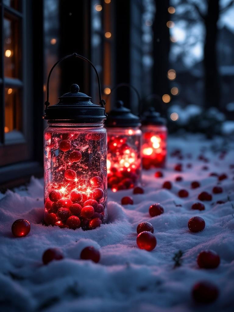 21 Effortless Moody Christmas Decor Ideas: Luxury Without the Stress 34 Moody Christmas Decor Ideas - Cranberries in porch lanterns + water