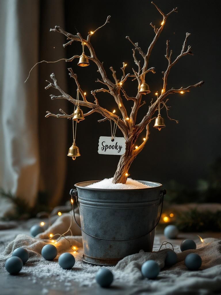 21 Effortless Moody Christmas Decor Ideas: Luxury Without the Stress 36 Moody Christmas Decor Ideas - Driftwood branch in a salt-weighted bucket