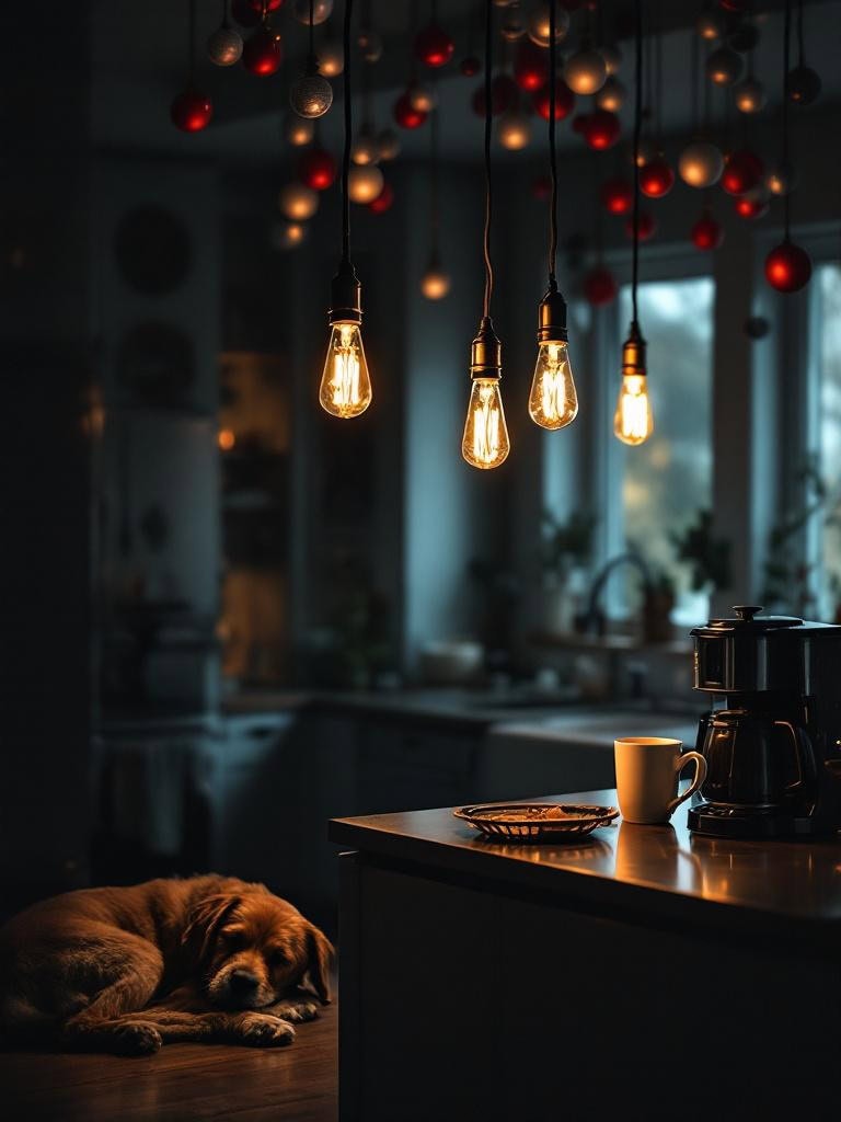 21 Effortless Moody Christmas Decor Ideas: Luxury Without the Stress 39 Moody Christmas Decor Ideas - Edison bulbs over the kitchen island