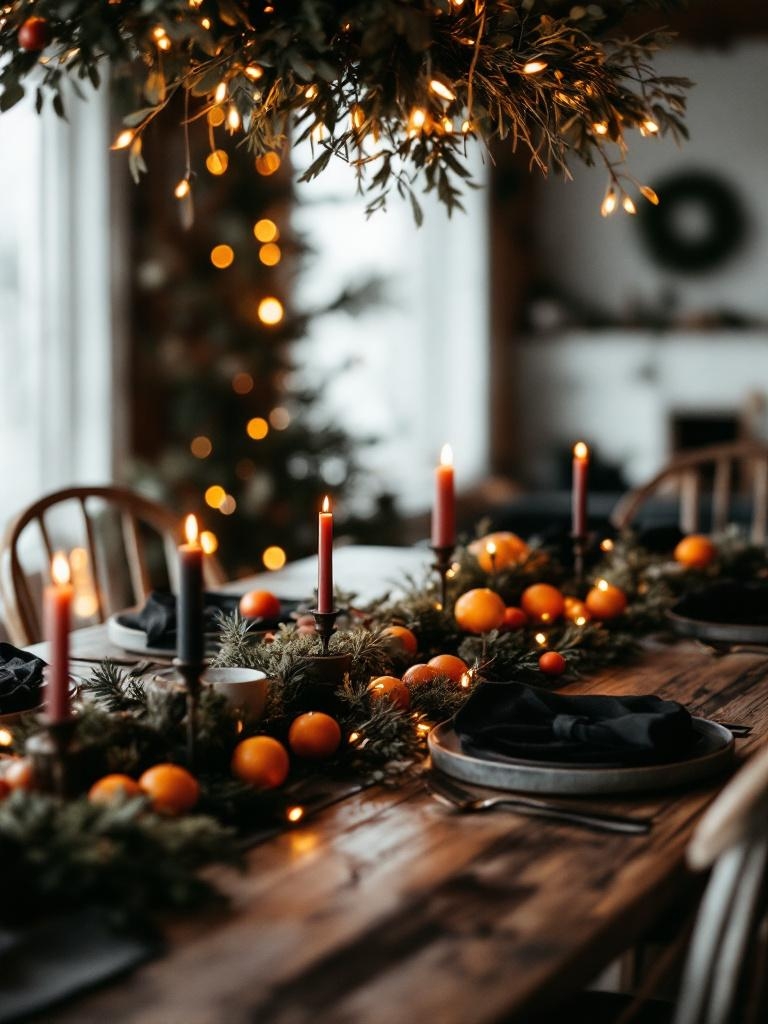 21 Effortless Moody Christmas Decor Ideas: Luxury Without the Stress 20 Moody Christmas Decor Ideas - Dining table? Black craft paper instead of garland