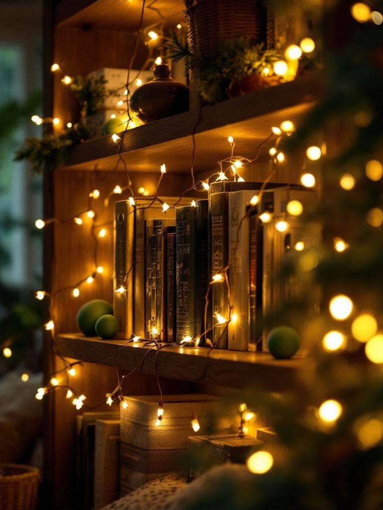 21 Effortless Moody Christmas Decor Ideas: Luxury Without the Stress 22 Moody Christmas Decor Ideas - Lights behind the bookshelves