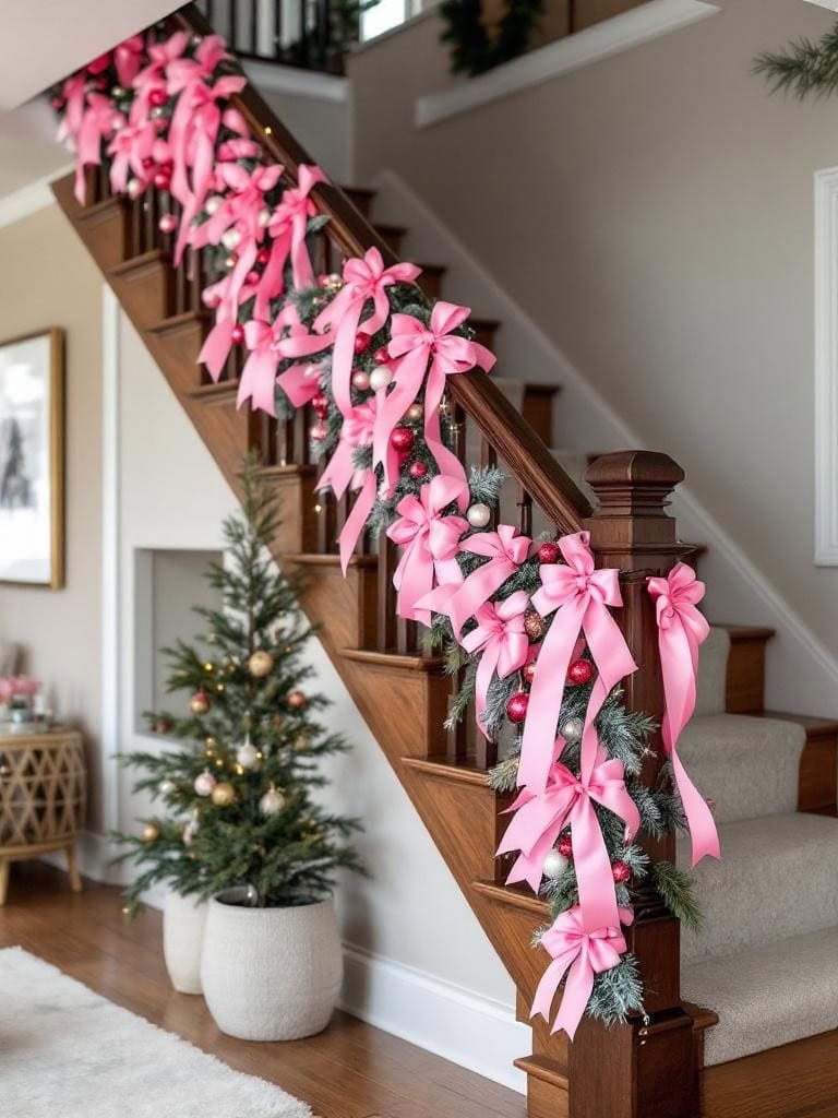 Pink Winter Home Decor Ideas - Staircase Garland That Almost Broke Me