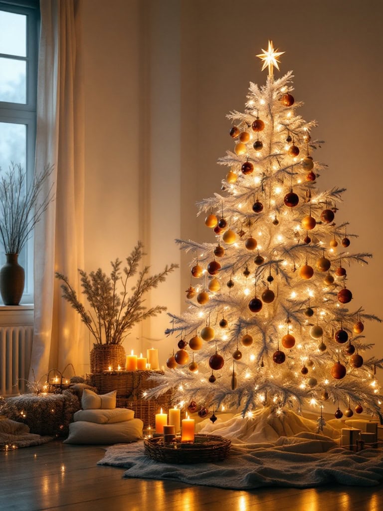 White Christmas Tree Decor Ideas - Candle-Lit Chiaroscuro