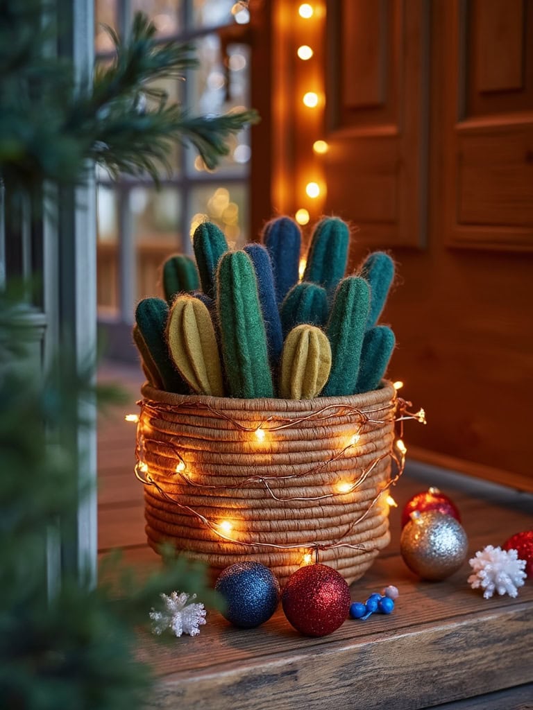17 Winter Boho Front Door Decor Ideas to Infuse Your Home with Charm 27 Winter Boho Front Door Decor Ideas - Felt cactus planter