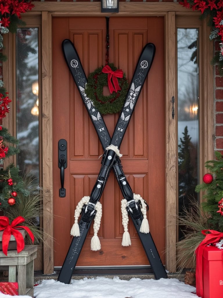 17 Winter Boho Front Door Decor Ideas to Infuse Your Home with Charm 32 Winter Boho Front Door Decor Ideas - Tassel ski pole hanger
