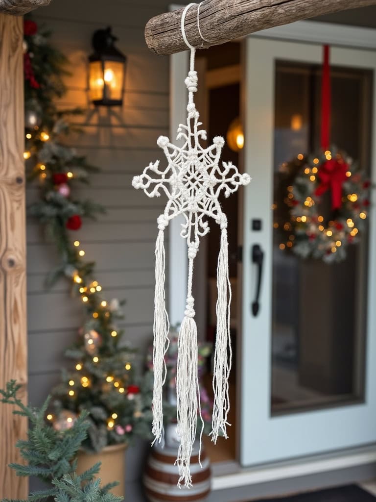 17 Winter Boho Front Door Decor Ideas to Infuse Your Home with Charm 14 Winter Boho Front Door Decor Ideas - Macrame snowflake moment