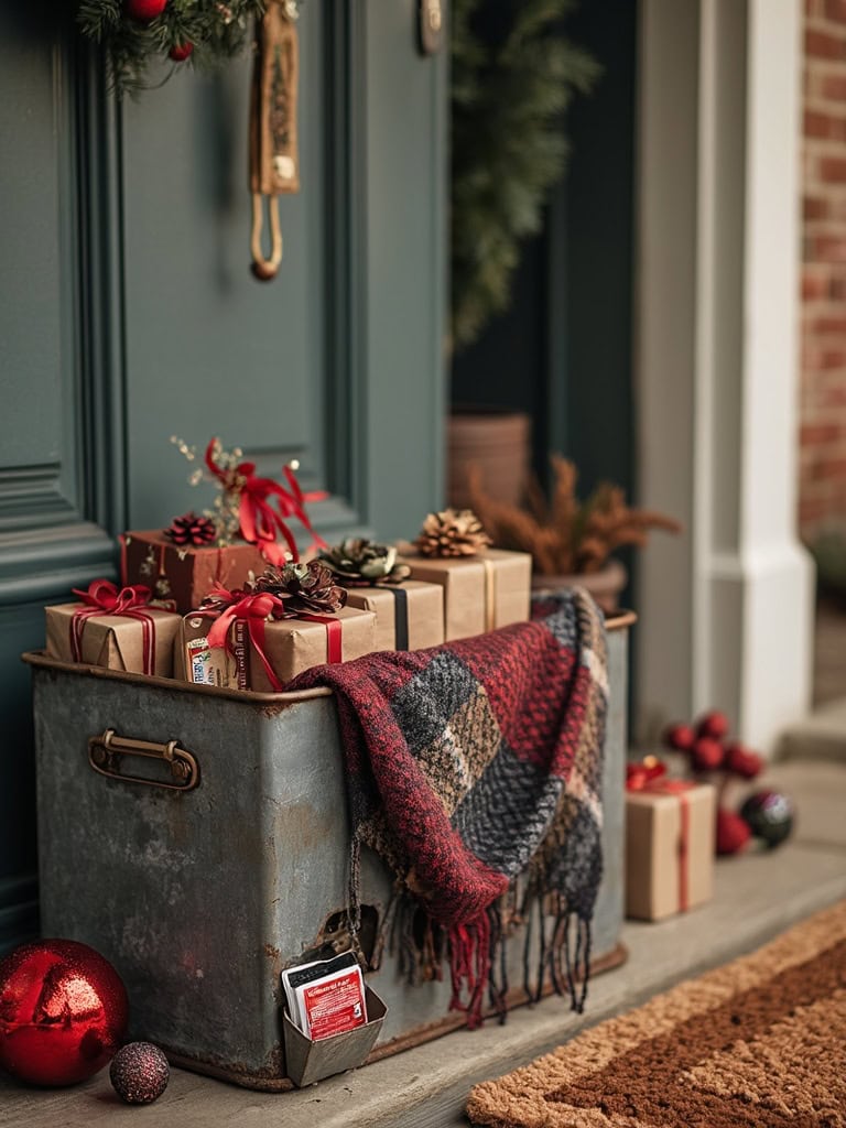 17 Winter Boho Front Door Decor Ideas to Infuse Your Home with Charm 16 Winter Boho Front Door Decor Ideas - Blanket scarf basket