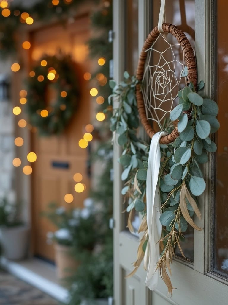 17 Winter Boho Front Door Decor Ideas to Infuse Your Home with Charm 17 Winter Boho Front Door Decor Ideas - Dreamcatcher with eucalyptus
