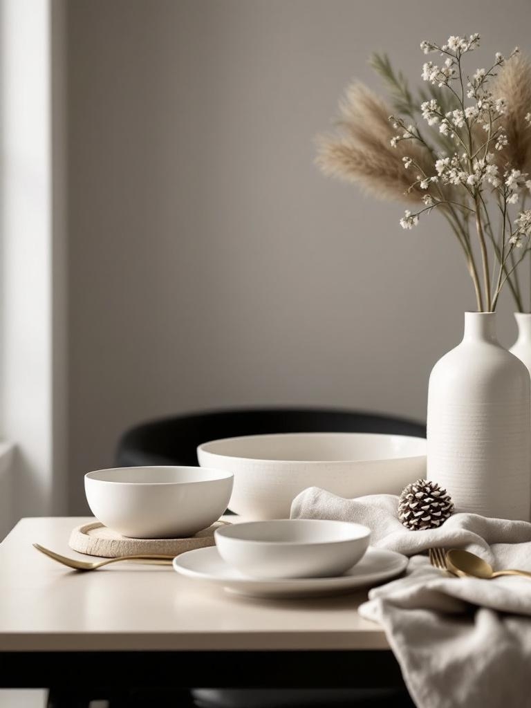 12 Minimalist Winter Decor Ideas for a Clutter-Free Cozy Space 16 Go Monochrome with Dinnerware