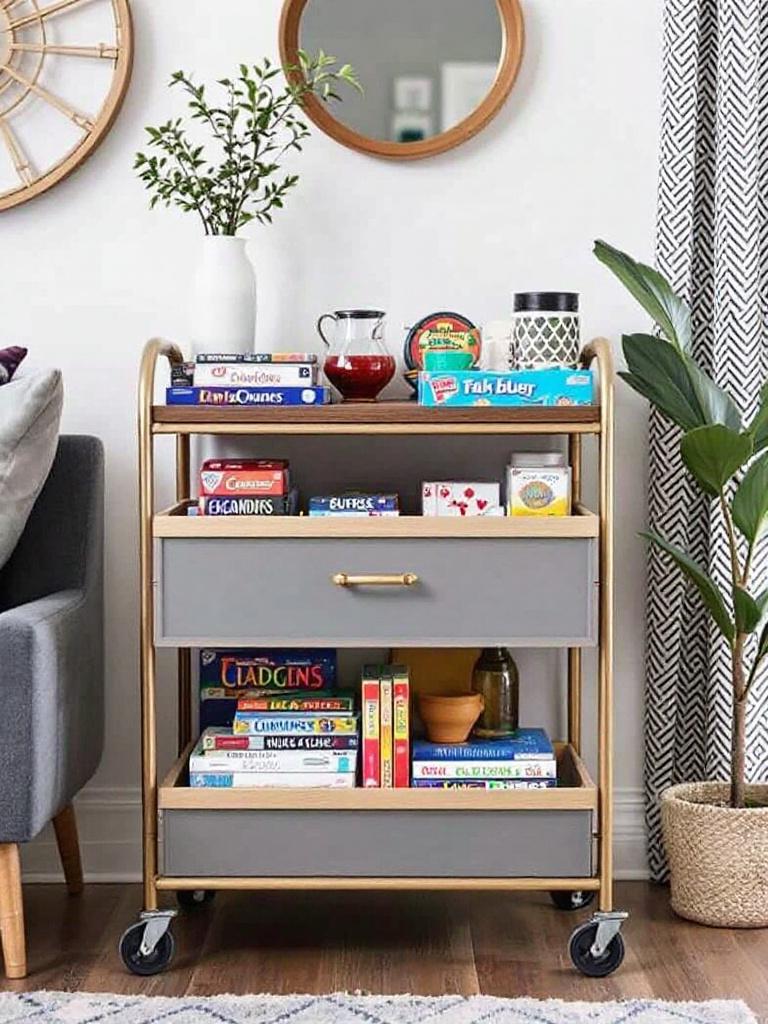 14 Smart Storage Solutions for a Tidy Winter Living Room 19 Rolling Bar Cart Turned Game Hub