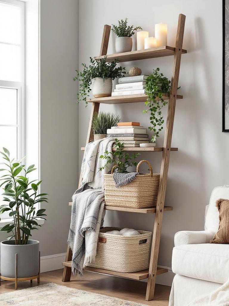 14 Smart Storage Solutions for a Tidy Winter Living Room 10 Ladder Shelf That Leans and Stuns