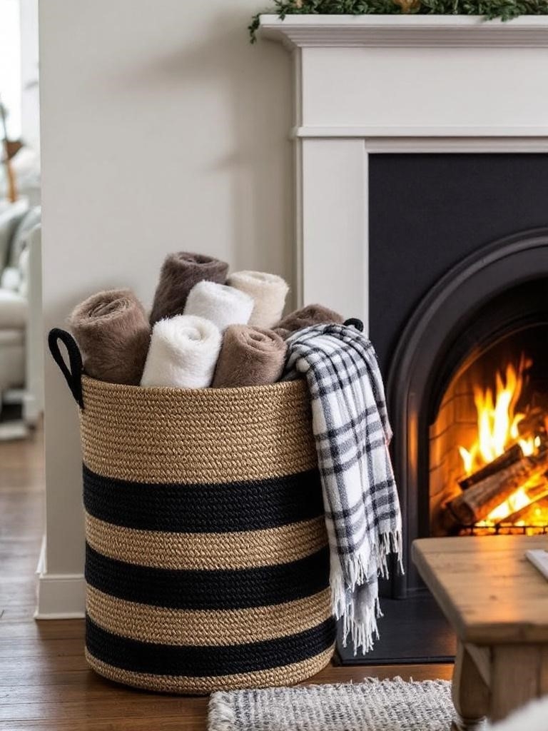 13 Winter Fireside Decor Ideas for the Coziest Spot in the House 19 Scandinavian Basket of Blankets