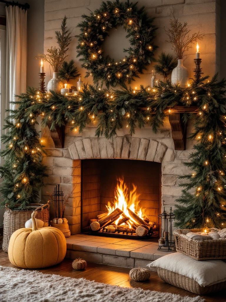 13 Winter Fireside Decor Ideas for the Coziest Spot in the House 9 Evergreen Garland With Lights for Instant Woodland Vibes