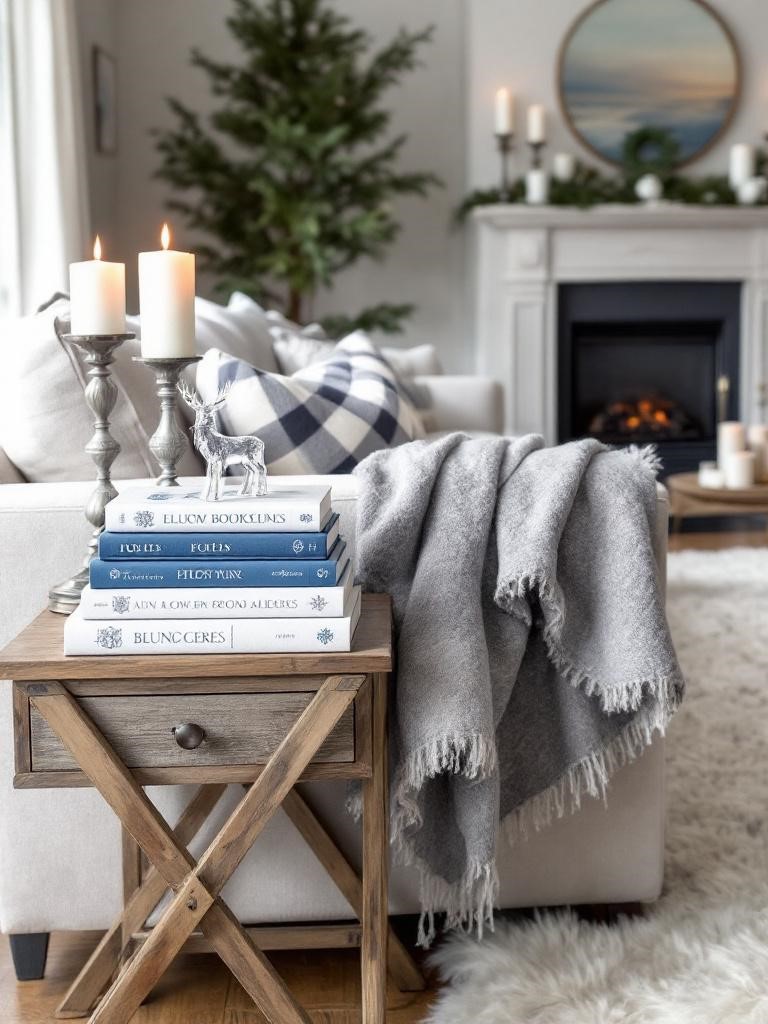 19 Budget-Friendly Winter Living Room Decor Hacks 21 Thrift-Store Book Stack with Winter Covers