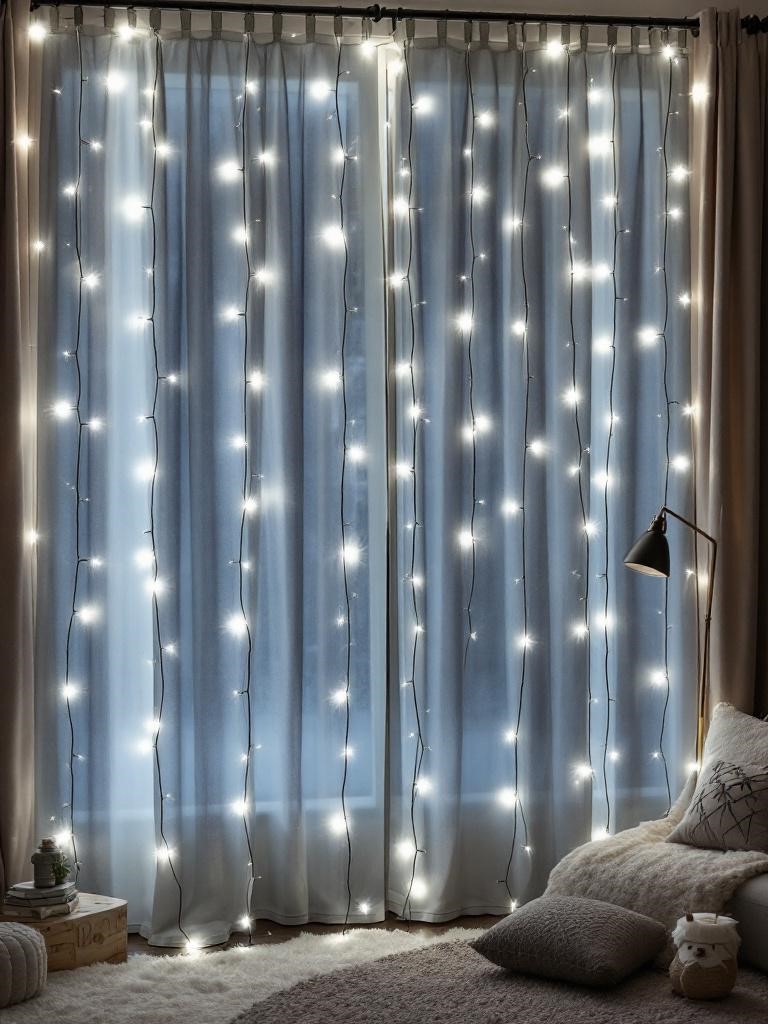 19 Budget-Friendly Winter Living Room Decor Hacks 23 Curtain String-Light Cascade