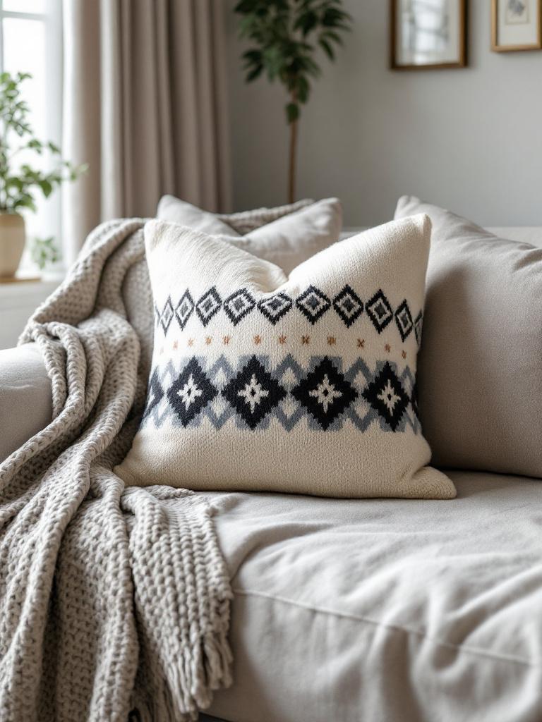 19 Budget-Friendly Winter Living Room Decor Hacks 9 Cane the Plain Cushions with Sweater Covers