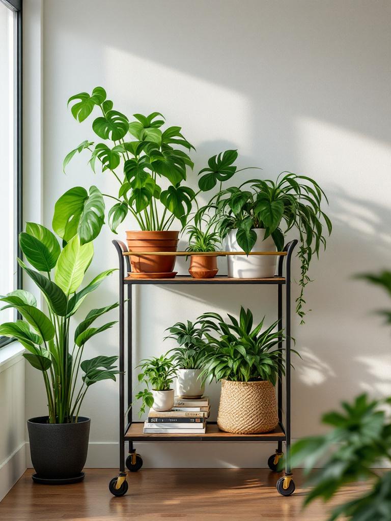 The Living Room Plants Decor Ideas Trend You’ll See Everywhere in 2026 16 Use a Bar Cart as a Rolling Rainforest