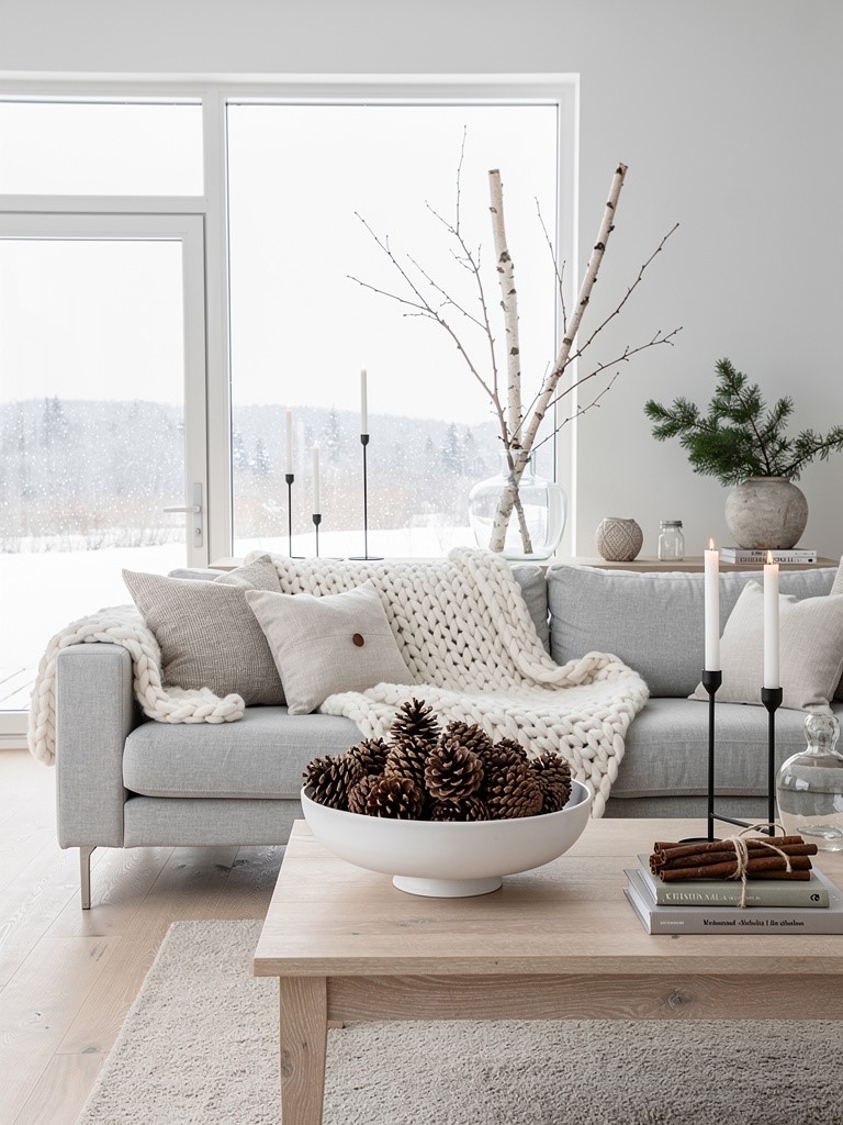 Scandinavian Winter Living Room Ideas - Raw Pine Cones in a Footed Bowl for Zero-Effort Winter Living Room Accessories