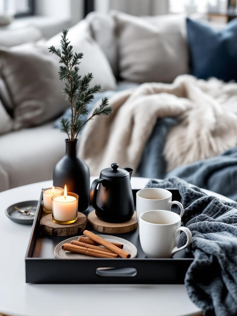Scandinavian Winter Living Room Ideas - Black Metal Tray for Hot-Drink Station