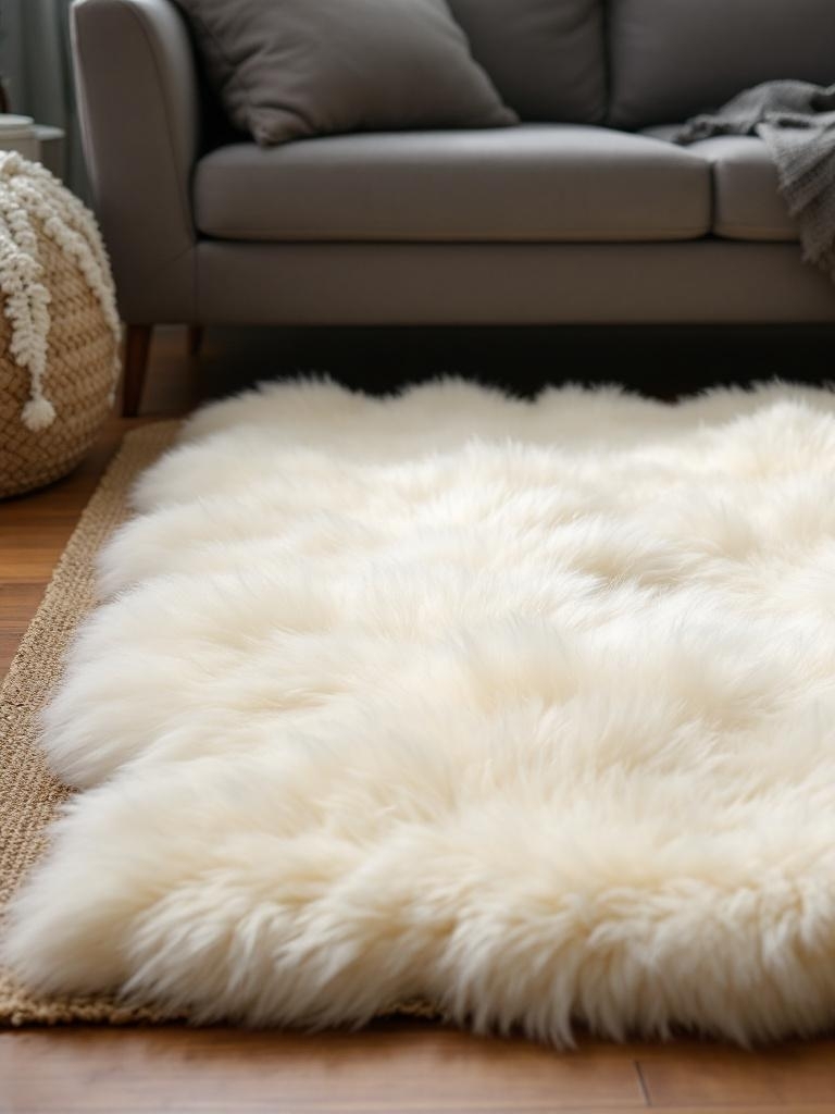 Scandinavian Winter Living Room Ideas - Sheepskin Throw Rug Over a Plain Jute Rug