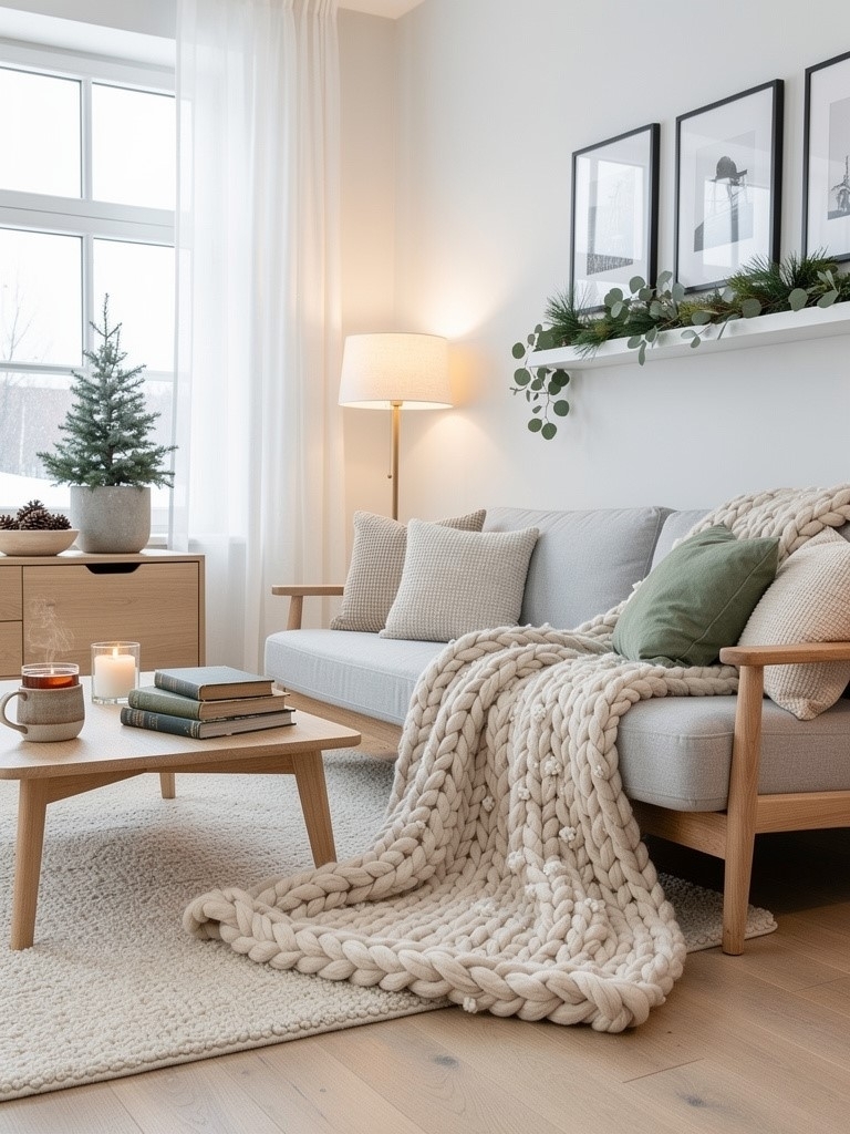 Scandinavian Winter Living Room Ideas - Chunky Knit Throws Big Enough to Swallow You