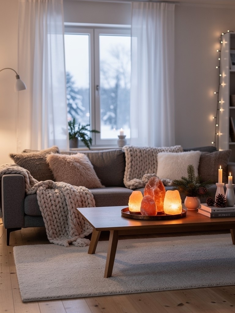 Scandinavian Winter Living Room Ideas - Salt Lamp Cluster for Winter Living Room Lighting