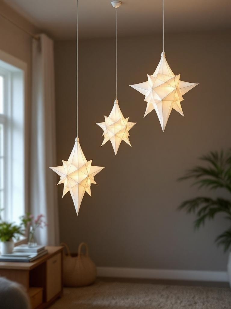 Scandinavian Winter Living Room Ideas - Paper Star Lamps Hung at Varying Heights