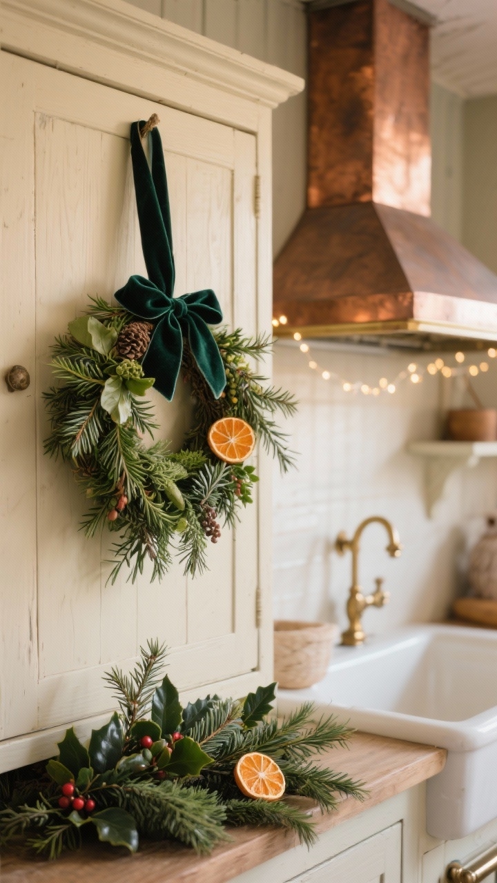 3 Easy Ways to Display Winter Greenery in Your Kitchen - and Make It Magical 6 Photorealistic closeup/detail shot from a vintage farmhouse kitchen, warm afternoon glow: creamy cabinet front with an herb-laced mixed greenery wreath (fir, rosemary, laurel) hung on deep forest velvet ribbon. In the softly blurred background, hints of an apron-front sink and antique brass hardware. A small swag of pine with dried orange slices peeks near a range hood edge. Copper warmth reflects subtly. A string of micro fairy lights on a mantle-style shelf twinkles in the distance. Textures in focus: velvet ribbon pile, aromatic rosemary sprigs, glossy holly-like leaves from the mix, and the creamy painted wood grain. Cozy, nostalgic mood; no people.