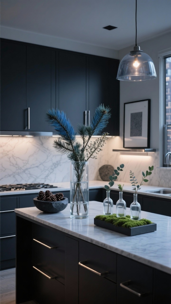 3 Easy Ways to Display Winter Greenery in Your Kitchen - and Make It Magical 7 Photorealistic wide, straight-on view of a sleek city kitchen at dusk: charcoal cabinets, quartz counters, brushed nickel accents, monochrome base with strong negative space. On the counter, a tall clear cylinder vase holds oversized asymmetrical stems of blue spruce, long-needle pine, and seeded eucalyptus. On the island, three identical glass bud vases in a precise line, each with a single spruce tip. A narrow metal ledge shelf near the backsplash supports a graphite-framed art print; beneath it sits a black stone bowl filled with pinecones and a low rectangular planter of lush moss. Under-cabinet LEDs provide crisp linear light; a single smoked-glass pendant glows above the island. Chic, architectural greenery, minimal and intentional; no people.