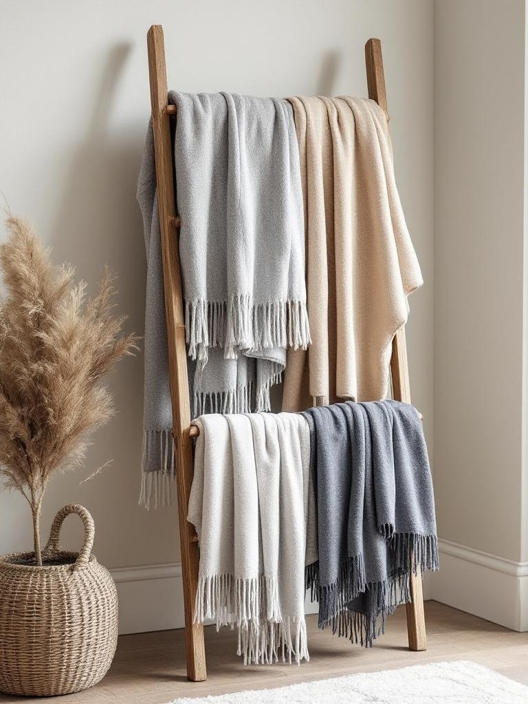 15 Winter-Ready Wood Accents That Add Instant Warmth to Your Home 17 Winter-Ready Wood Accents - Drape a Ladder Blanket Rack for Cozy Textiles