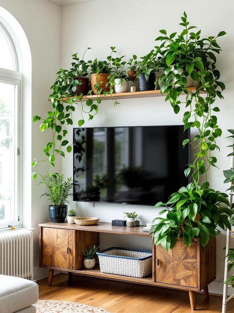 Plant Shelfies Are Everywhere - Here’s How to Make Yours Look Expensive 16 Plant Shelfie - Let Climbers Frame Your TV