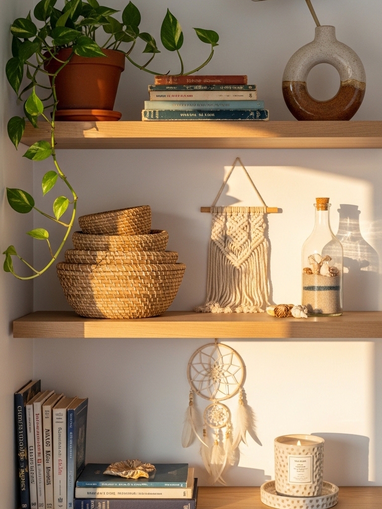 15 Boho Apartment Decor Ideas on a Budget That Look Expensive But Cost Less 14 Boho Apartment Decor Ideas on a Budget - Use Shelves as Styled Vignettes