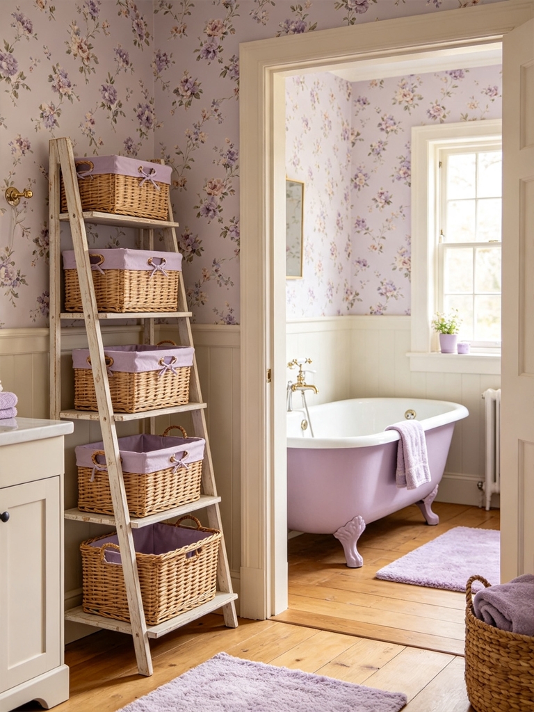 17 Bathroom Furniture Ideas That Turn Everyday Washrooms Into Luxury Spaces 7 Woven Storage Baskets With A Ladder Shelf on bathroom