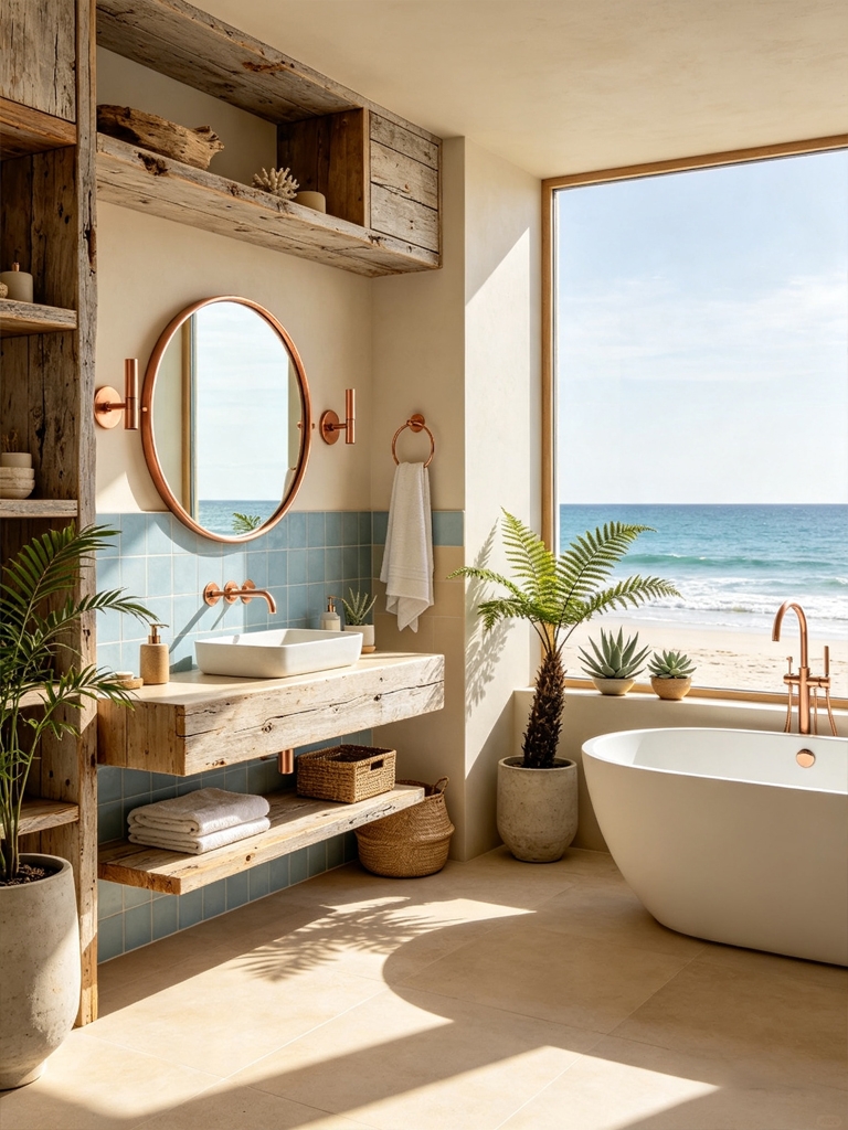 15 Coastal Bathroom Decor Ideas That Make Your Home Feel Like a Luxury Beach Resort 12 coastal bathroom ideas reclaimed wood shelving