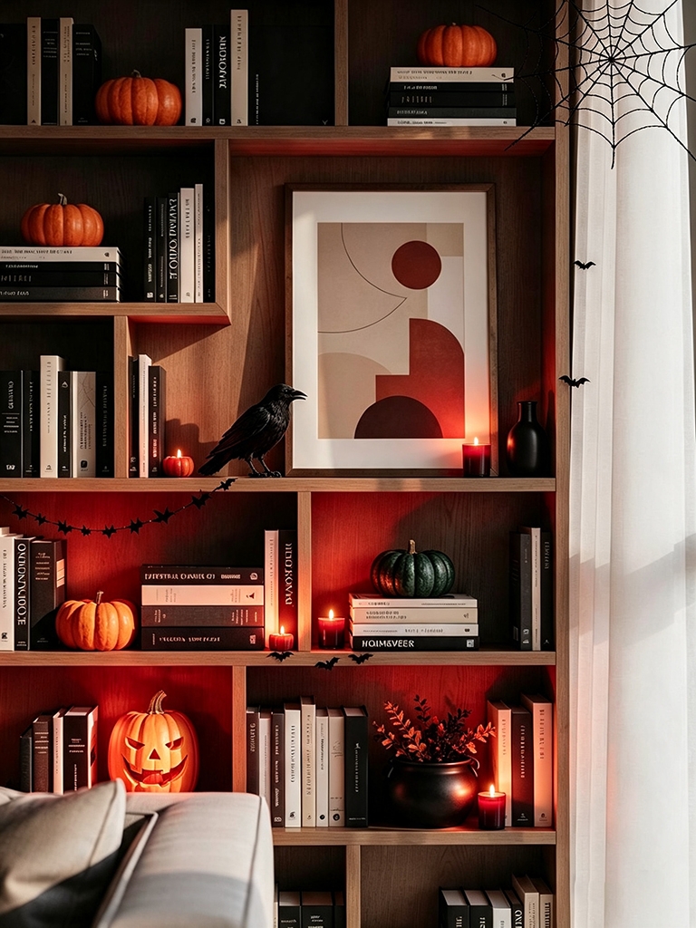 11 Small Apartment Halloween Decor Ideas for a Minimalistic, Chic Look 13 Bring the Bookshelf Into the Halloween Season