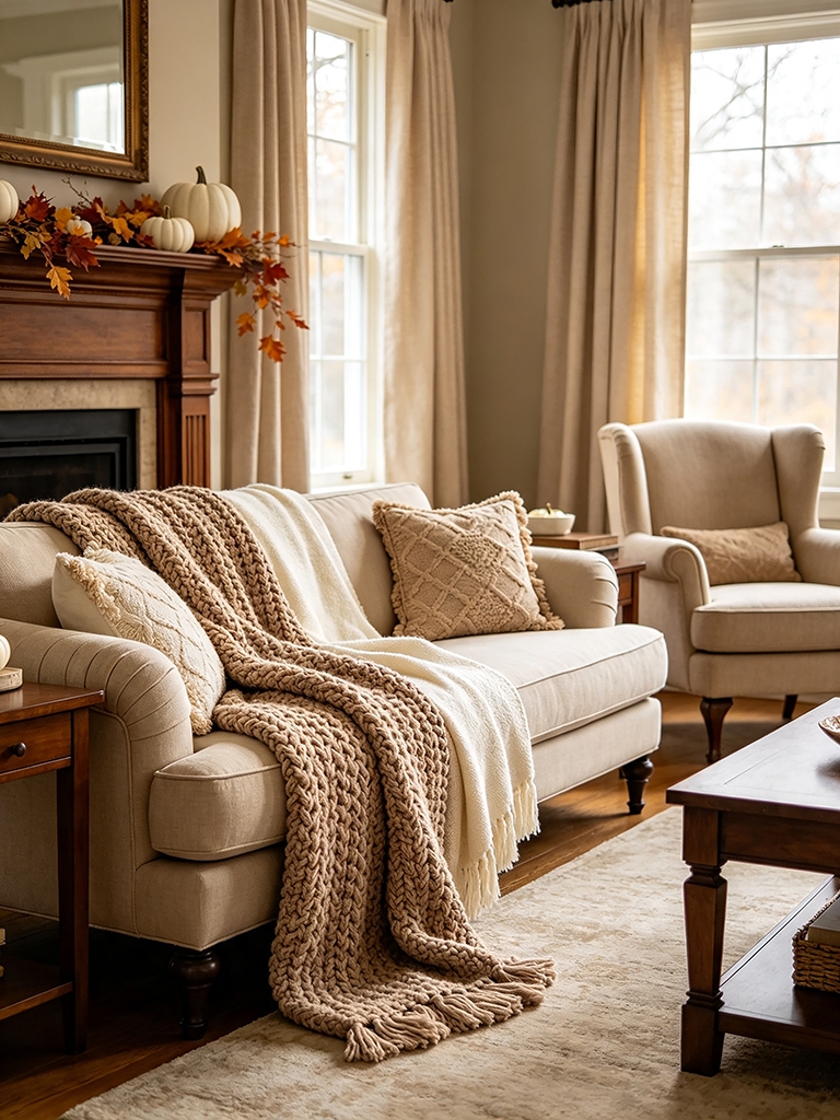 15 Neutral Fall Decor Ideas for a Timeless Autumn Home 8 Neutral Fall Decor Ideas - The Cozy Charm of Chunky Knits