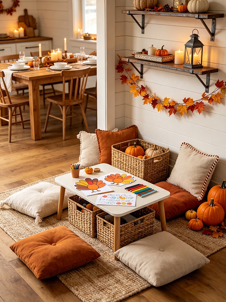 11 Fall Thanksgiving Decor Ideas for Hosting Dinner 16 Create a Kids Corner with Floor Cushions - Fall Thanksgiving Decor Ideas