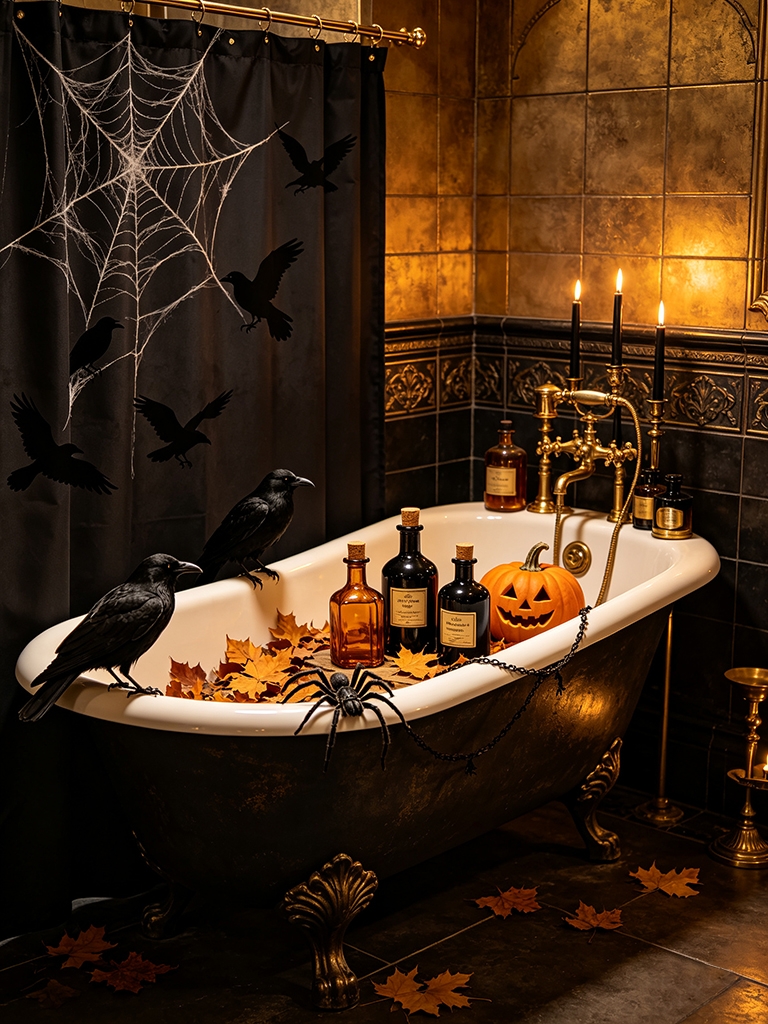 9 Bathroom Halloween Decor Ideas to Create a Spooky Sanctuary 6 Bathroom Halloween Decor with Creepy Shower Curtain and Bathtub Display