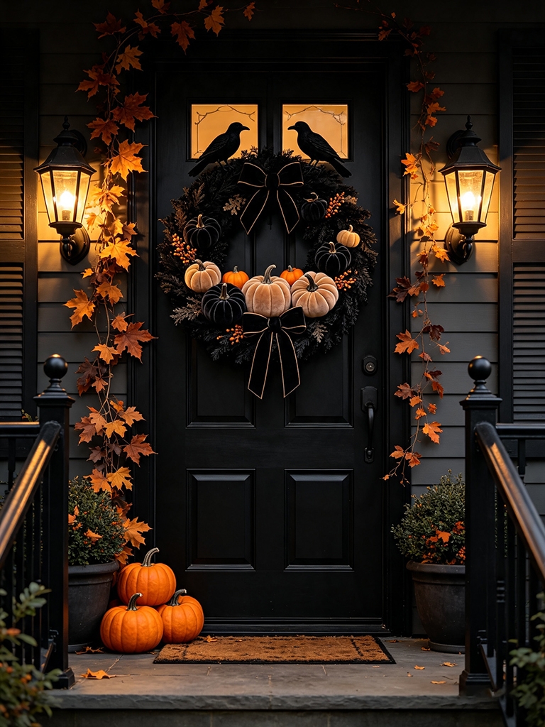 10 Easy Halloween Door Decor Ideas to Impress Your Guests 7 Black wreath with orange pumpkins and fall leaves on front door