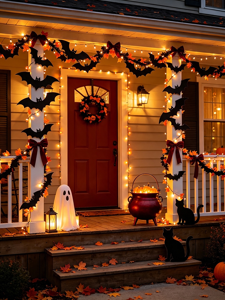 10 Easy Halloween Door Decor Ideas to Impress Your Guests 9 White ghost garland draped above doorway with string lights