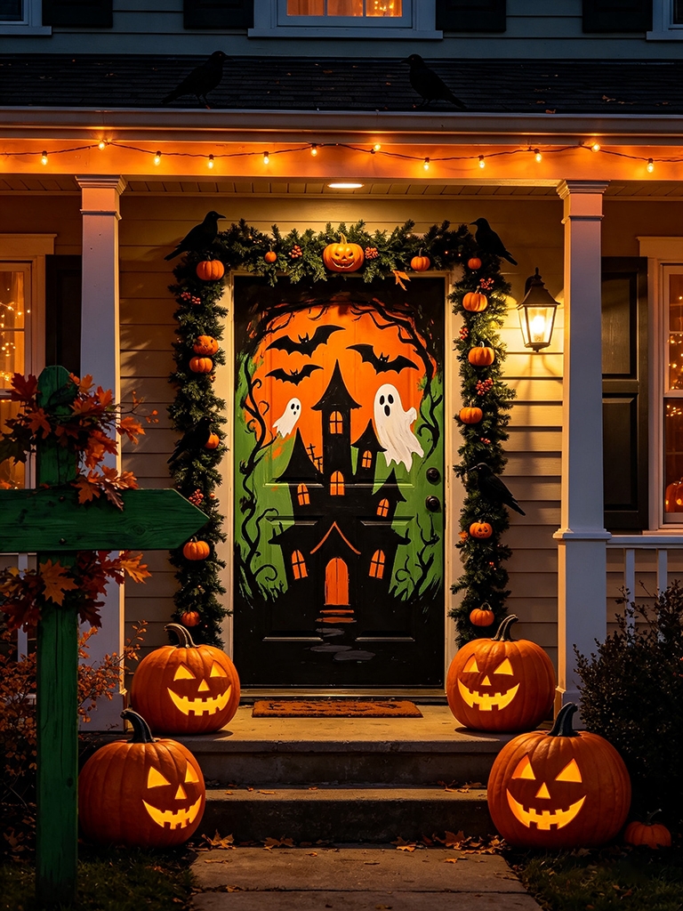 10 Easy Halloween Door Decor Ideas to Impress Your Guests 11 Front door painted with Halloween pumpkin and ghost artwork