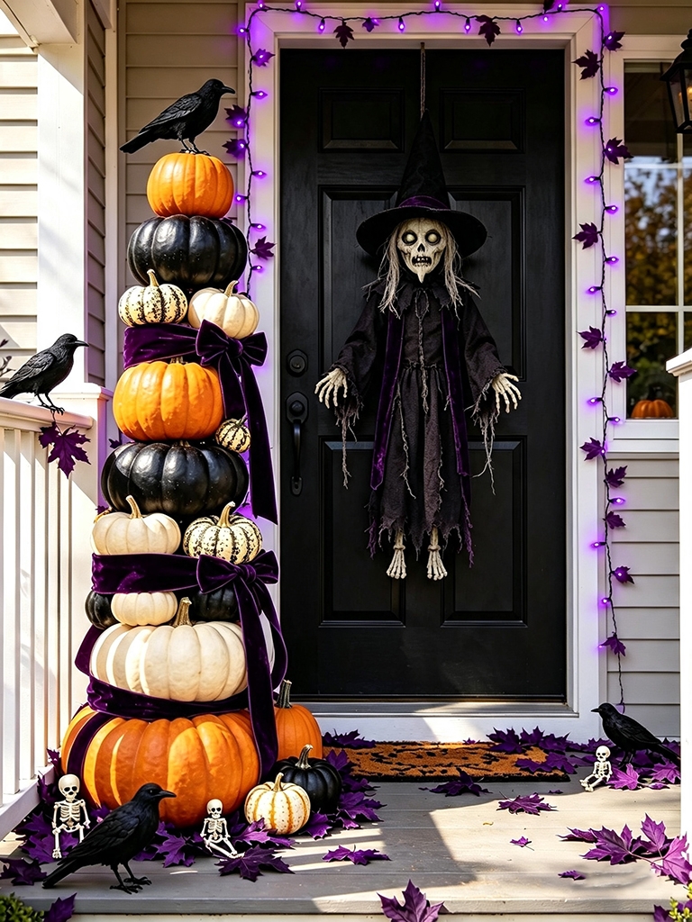 10 Easy Halloween Door Decor Ideas to Impress Your Guests 12 Stacked pumpkins and gourds arranged on front porch beside door