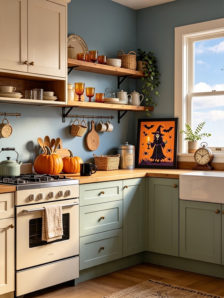 11 Halloween Kitchen Decor Ideas That Feel Cozy, Not Creepy 18 Give Open Shelves a Small Halloween Update - Halloween Kitchen Decor Ideas