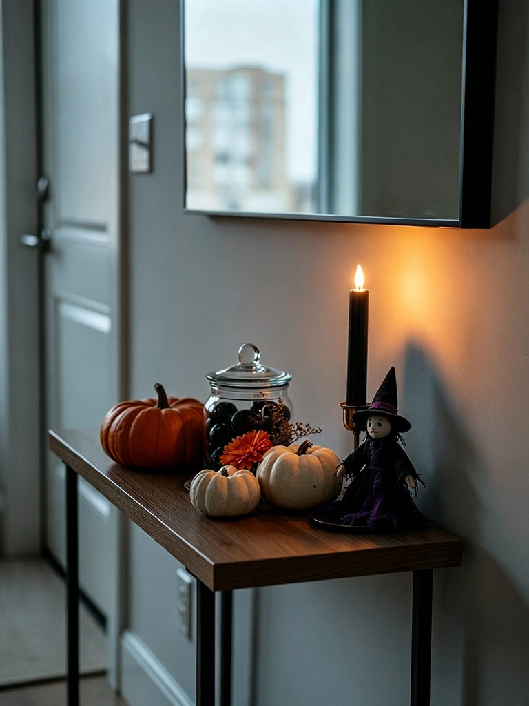 11 Small Apartment Halloween Decor Ideas for a Minimalistic, Chic Look 11 Build a Small Vignette on the Hallway Table or Console
